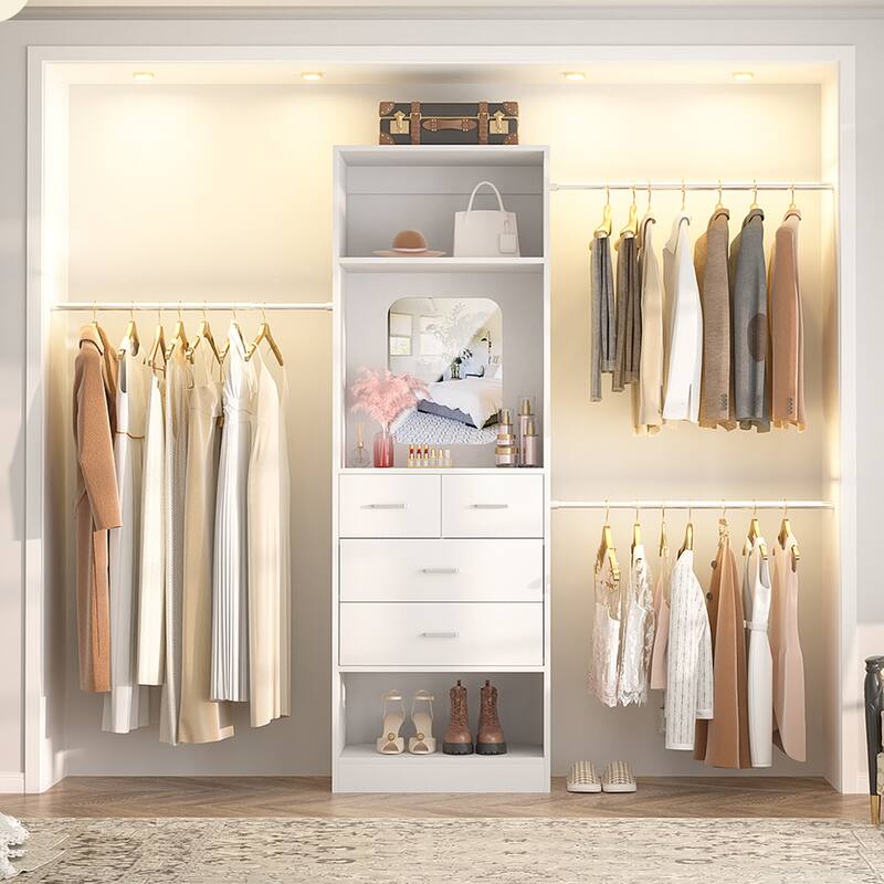 25'' - 96" W Closet System with 4 Wooden Drawers and Mirror, Walk-in Closet Organizer Kits with 3 Extendable Hanging Rods - Without Wing Shelves - White