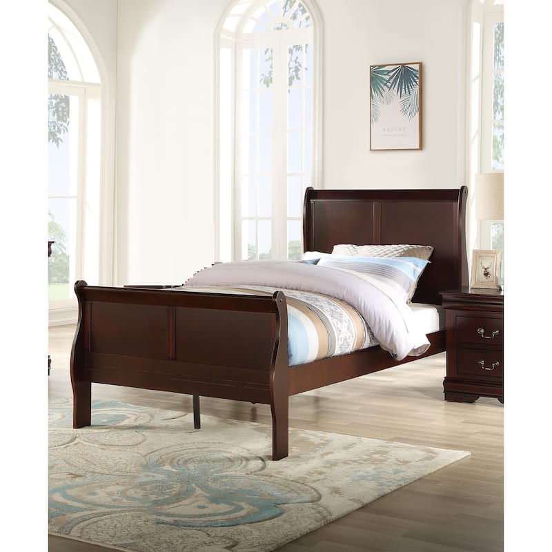 Twin Size Solid Wood Sleigh Bed with Louis Philippe Style - Cherry