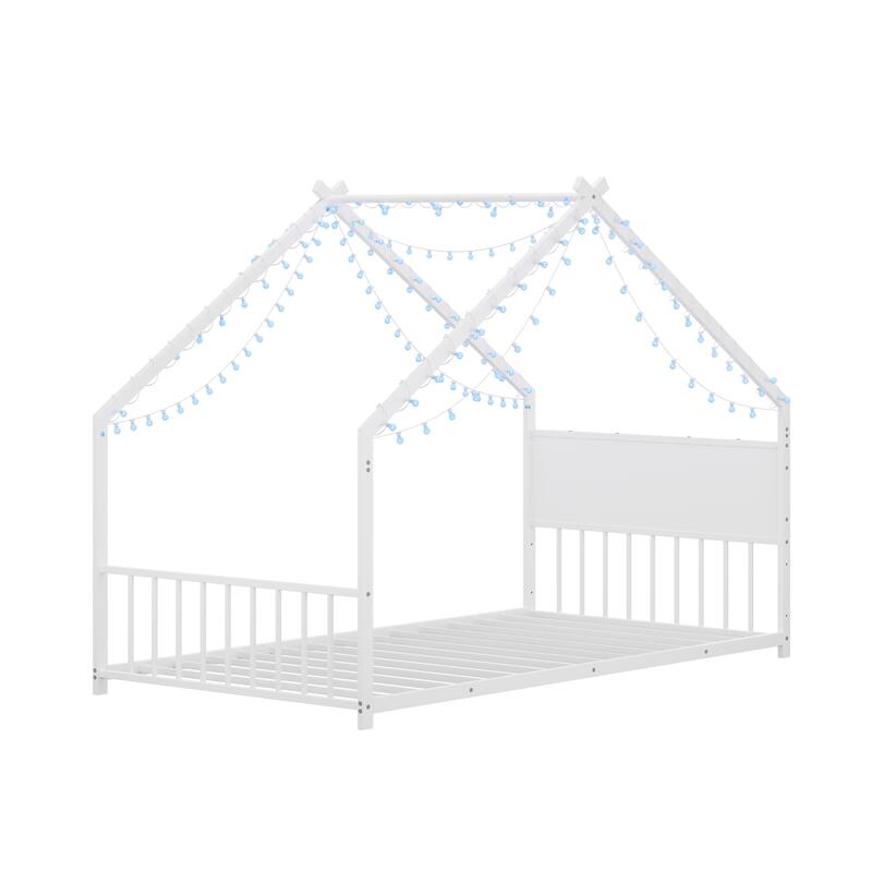 Twin Size Metal House Bed with Roof, LED Lights, and Slats, No Box Spring Needed, White