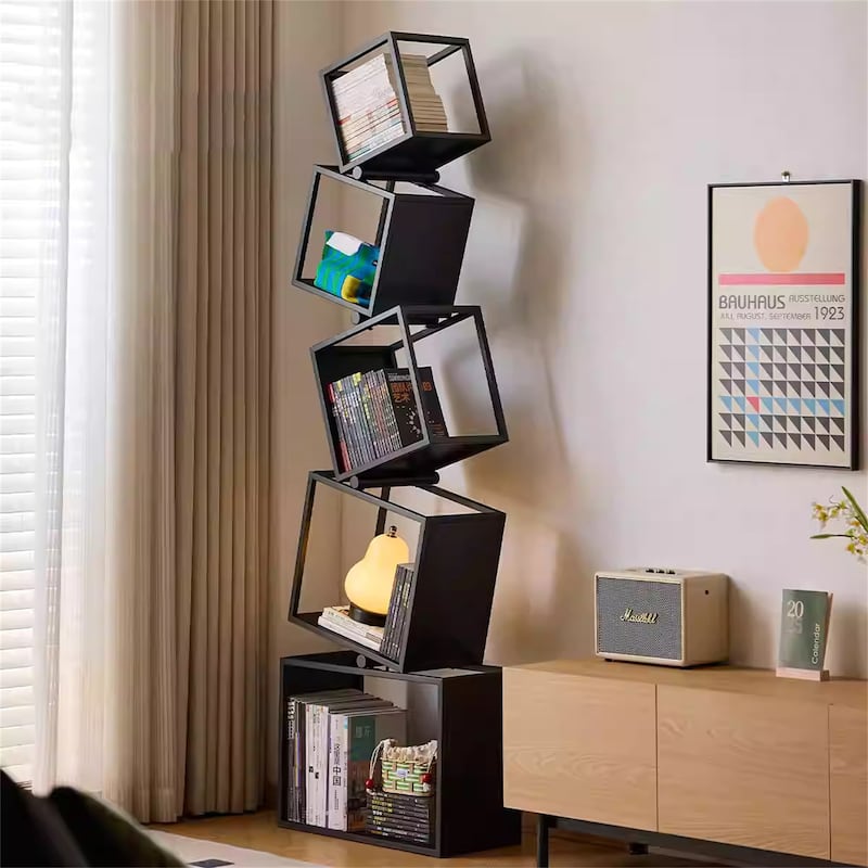 Freestanding Floor Shelf for Living Room, Black Open Grid Storage Rack