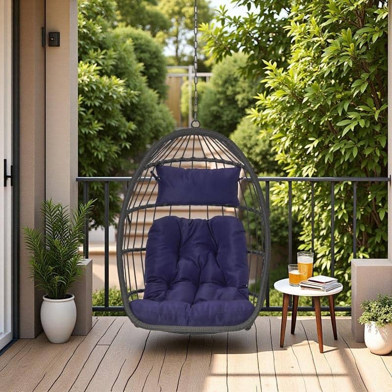 PE Rattan Egg Hanging Chair with 360lb Capacity, Waterproof Cushion and UV-Resistant