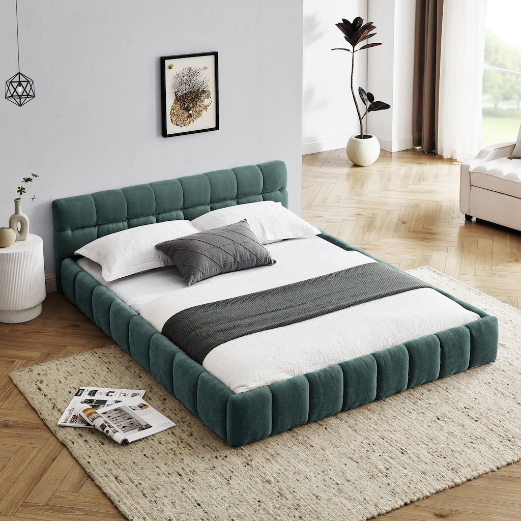 Queen Size Upholstered Bed with Soft Chenille Fabric, Grounded Platform Design, Sturdy MDF Frame, Headboard