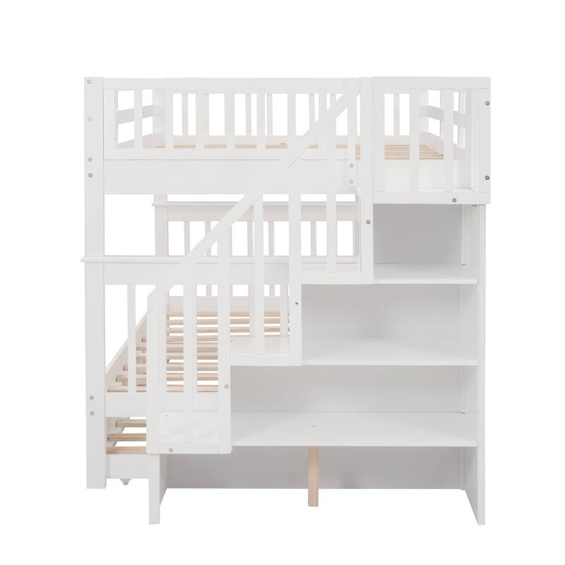 Full-Over-Full Bunk Bed with Twin Trundle, Storage, Guard Rail, White