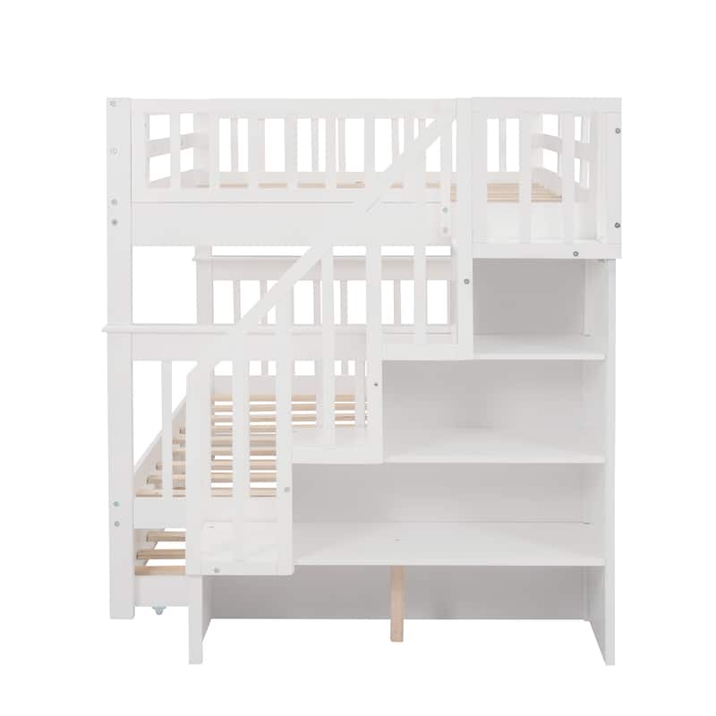 Stairway Full-Over-Full Bunk Bed with Twin size Trundle, Storage and Guard Rail for Bedroom, Dorm - White