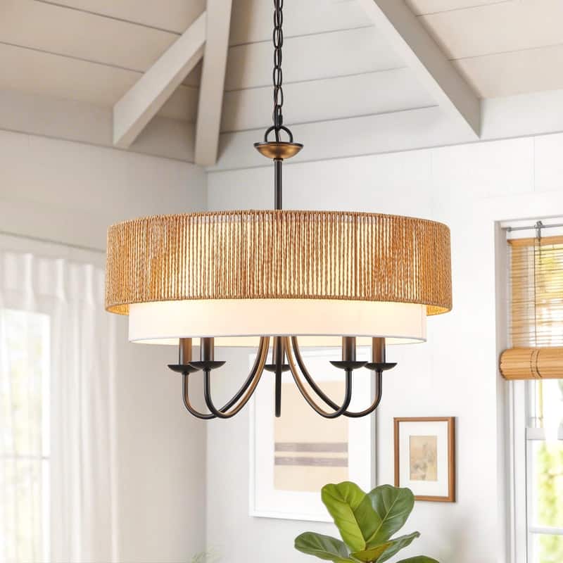 KAWOTI Adjustable Height Pendant Light with Rattan Shade