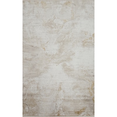 Machine Made Oriental Polyester Carpet Abstract Beige & Ivories Distressed Area Rug - 7' 5'' X 5' 2''