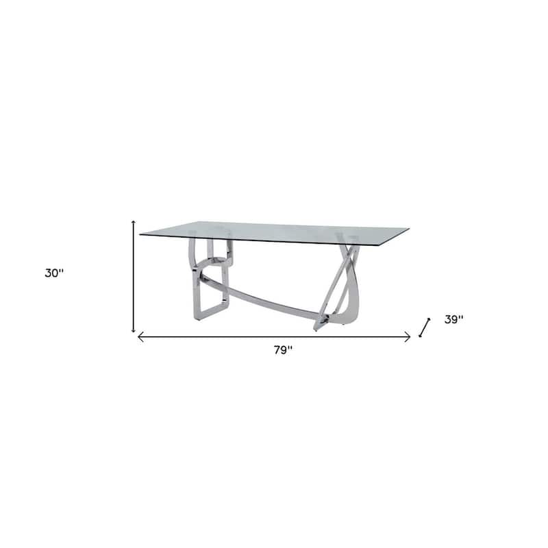 HomeRoots 79" Clear And Silver Glass And Stainless Steel Dining Table - 87" x 43" x 30"