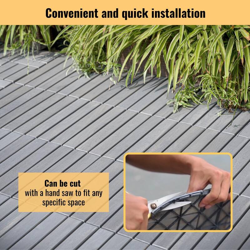 10 PCS Interlocking Deck Tiles Striped Pattern, 12" x 12" Square Light Gray Acacia Hardwood Outdoor Flooring