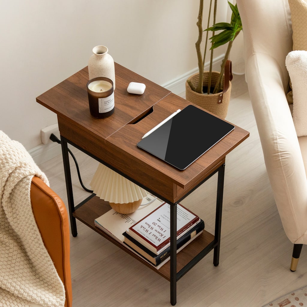 Flip Top Narrow End Table with Storage and Built-In Outlets, Small Side Table
