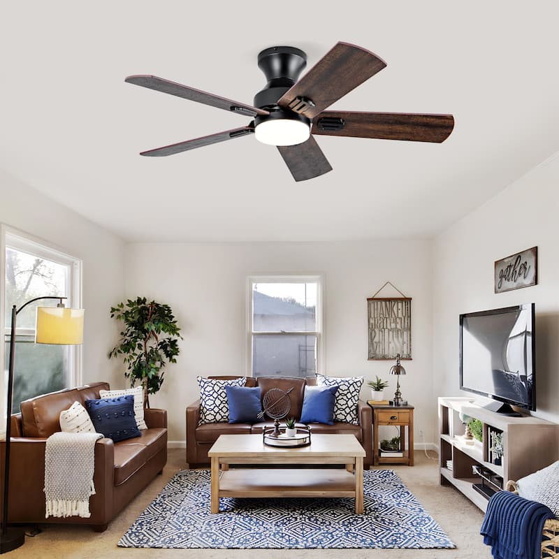Ceiling Fans with Lights, 42 inch Low Profile Ceiling Fan with Light and Remote Control, Flush Mount, Reversible - Black