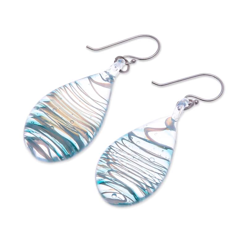 Novica Handmade Blue Ovate Leaf Handblown Glass Dangle Earrings