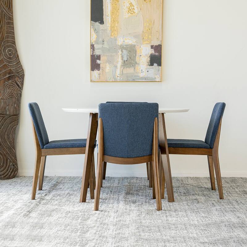 Colette 5-Piece Mid-Century Modern Dining Set w/4 Linen Dining Chairs in Blue