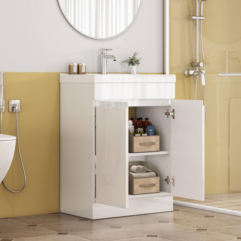 Modern Bathroom Vanity 24 Inch, All-in-One with Sink, Mirror & Handle-Free Storage, Soft-Close and Easy Assembly