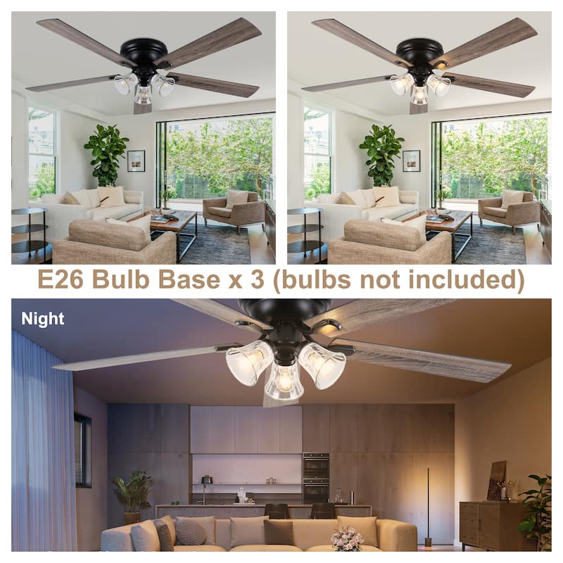 Bella Depot 52" 3-Light Brown Flush Mount Ceiling Fan with Light and Remote Control 6-speed Reversible Timer DC Motor