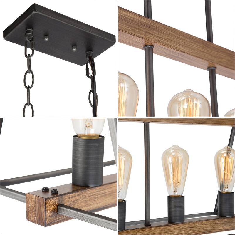 Farmhouse 5-Light Linear Chandelier Wood Grain Island Pendant for Kitchen Island Dining Room