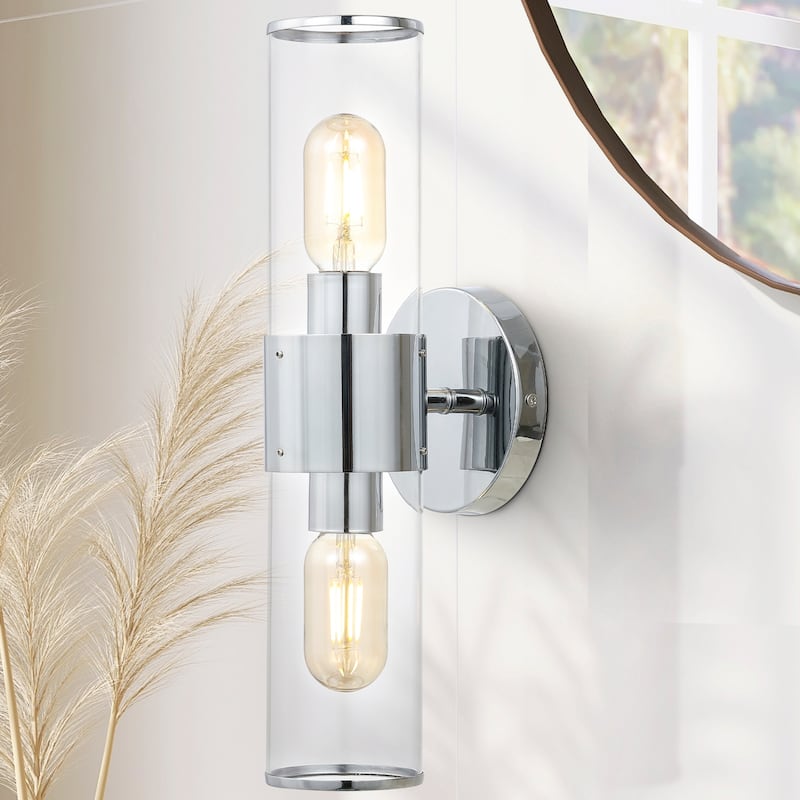 Cillian 15.5" 2-Light Mid-Century Modern Iron/Acrylic LED Sconce, by JONATHAN Y - Chrome
/Clear