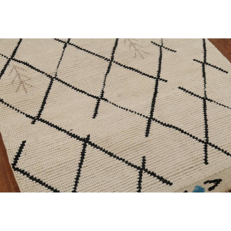 Hand Knotted Oriental 100% Wool Carpet Modern All-Over Beige & Ivories Moroccan Runner Rug - 13' 3'' X 3' 10''