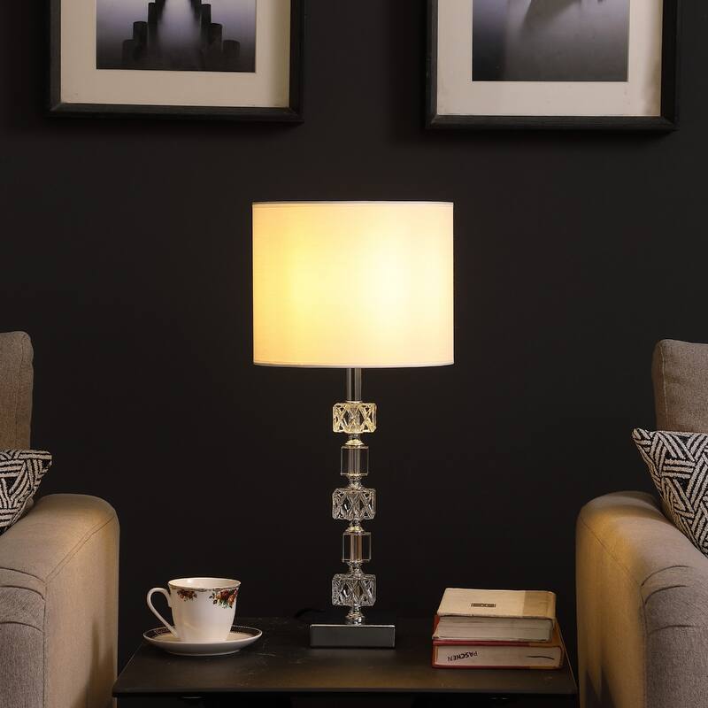 Silver Chrome Metal Bedside Table Lamp with White Linen Drum Shade and Crystal Orb - 9.5” x 9.5” x 19.75” (D x W x H)