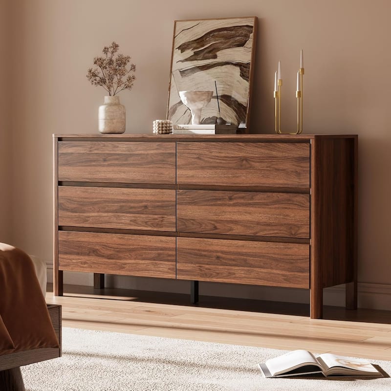 FURNIWAY Walnut Drawer Tall Dresser, Modern Chest with Hidden Handles, Storage Organizer