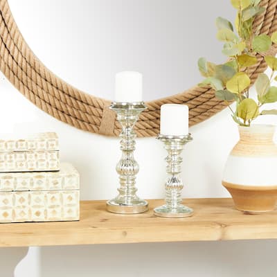 Silver Metal Handmade Turned Style Pillar Candle Holder (Set of 2)