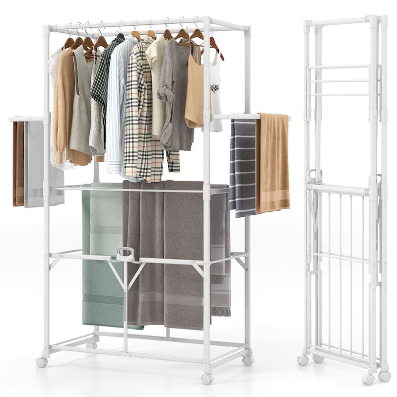 Gymax Collapsible Laundry Rack Foldable Clothes Drying Rack w/ Hanging - White