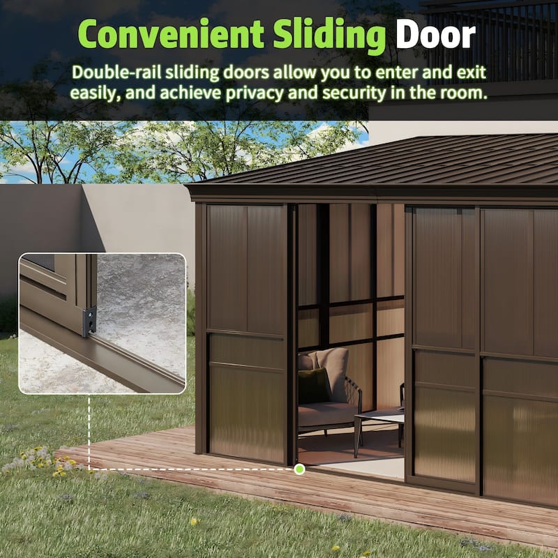 Outdoor Solarium Sunroom,Patio Hardtop Gazebo,All-Season Aluminum Patio Gazebo with with Sliding Doors and Screens