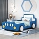 preview thumbnail 1 of 20, Twin Size Race Car Bed with Headboard and Footboard, PU Leather Upholstered Car Shaped Platform Bed with Wheels