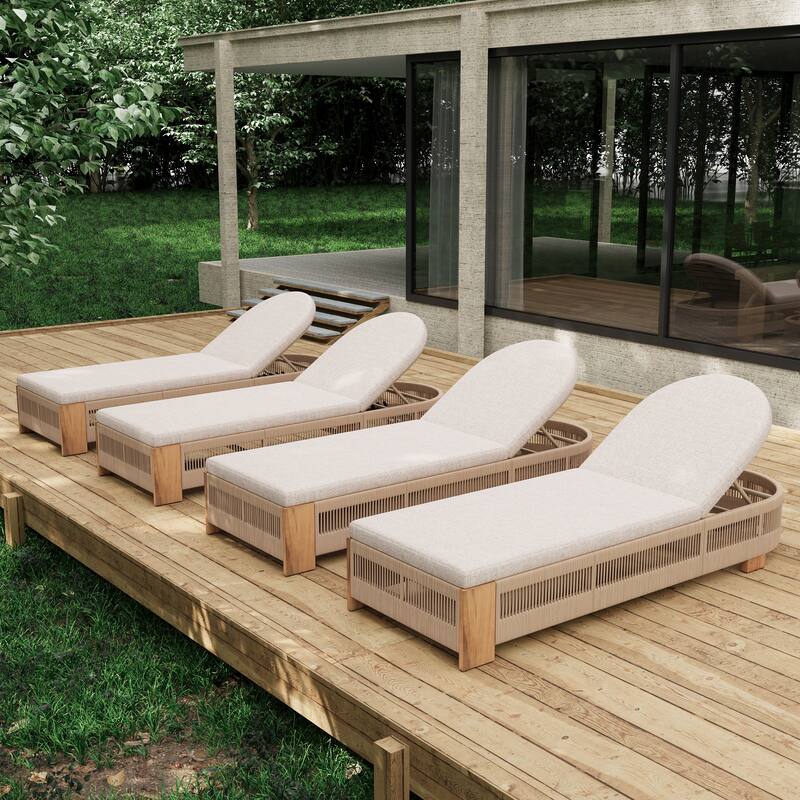 Roomfitters Outdoor Acacia Wood Chaise Lounge with Adjustable Backrest and Braided Rope Weave, Teak Finish