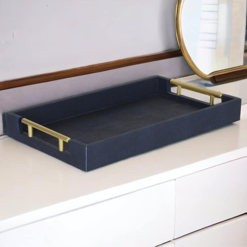 Lusan Faux Shagreen Tray with Handles - Navy Blue Shagreen