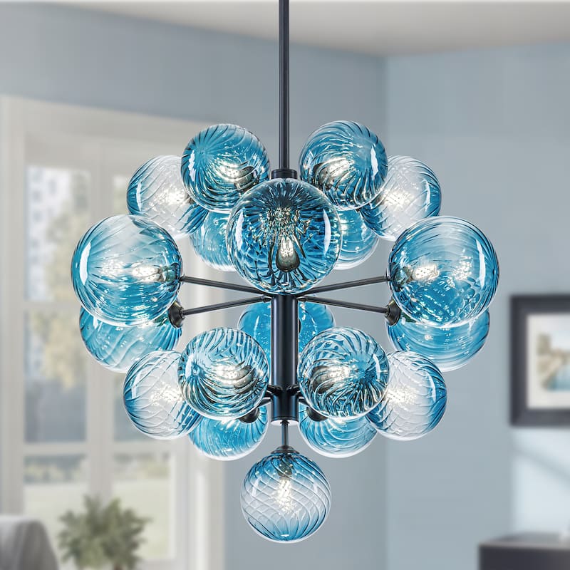 Starsky 19-Light Glam Tiered Cluster Blue Swirled Bubble Chandelier