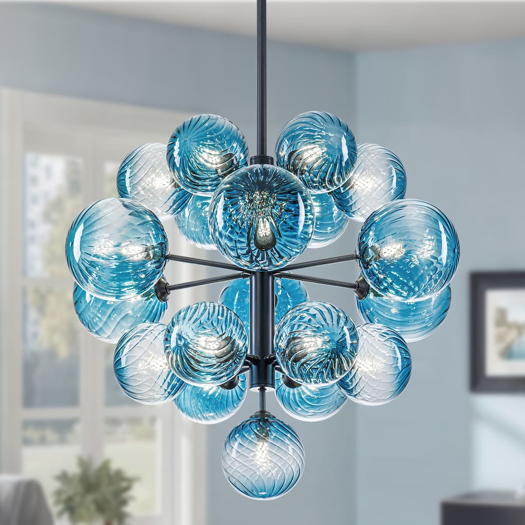 Starsky 19-Light Glam Tiered Cluster Blue Swirled Bubble Chandelier