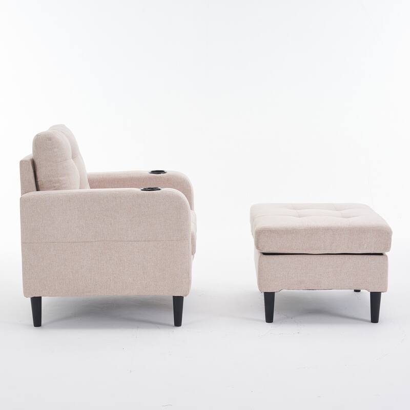 Beige Upholstered Armchair and Storage Ottoman Set with Cup Holders and Tufted Detailing
