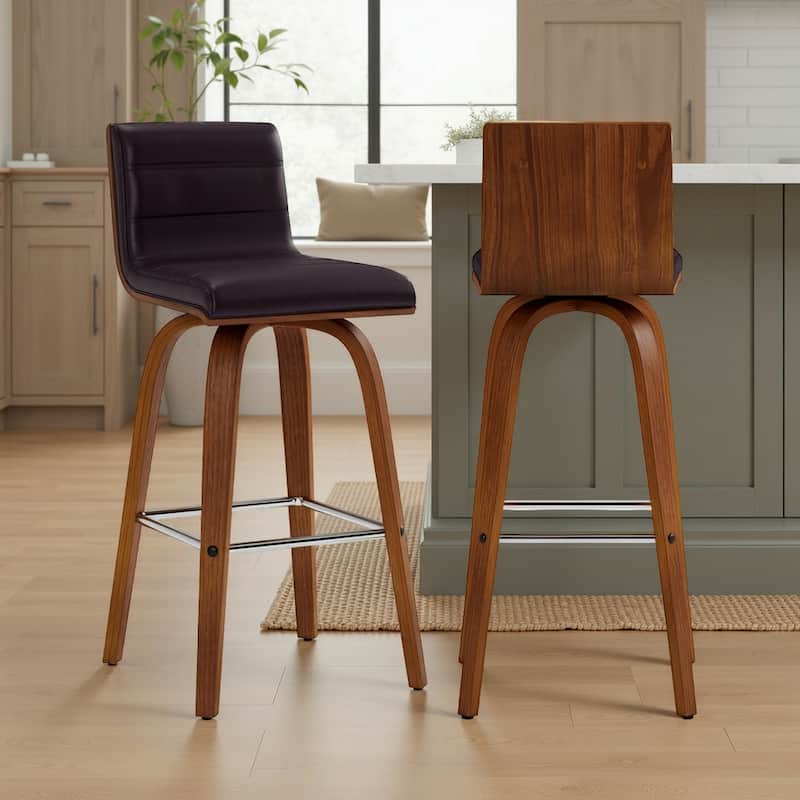 Skara Mid-Century Swivel Counter Stool, Upholstered Counter Height Chair with Bentwood Legs - Brown & Walnut - Set of 2