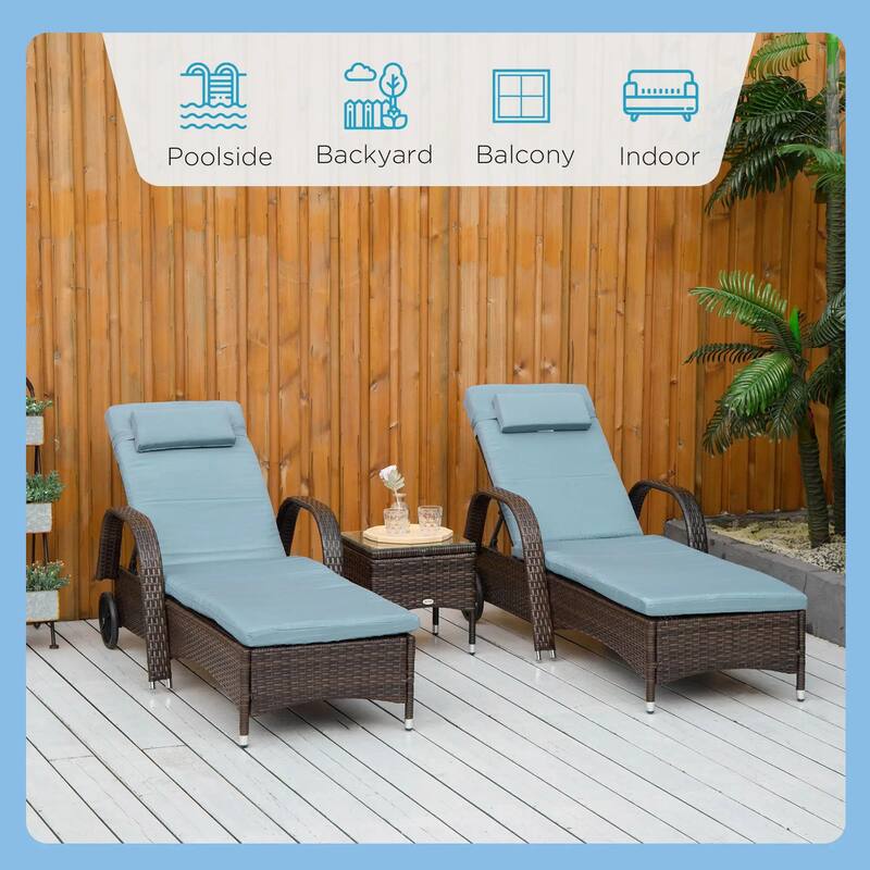3PC Deep Cushion Chaise Set, 5 Level Adjustable PE Rattan Pool