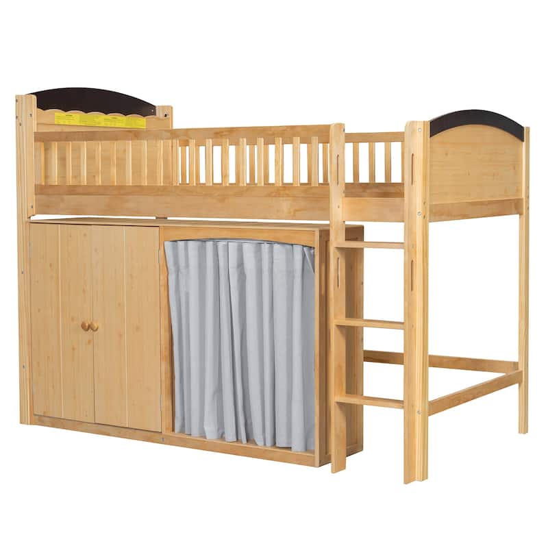 Twin Loft Bed with Built-in Wardrobe & Storage Cabinet, Space-Saving Design with LED Lighting