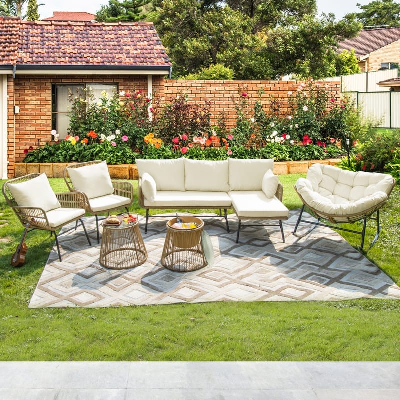 7-Piece Outdoor Boho Patio Furniture Set with Papasan Rocking Chair, Wicker Sectional Conversation Set with Ice Bucket Table - Beige