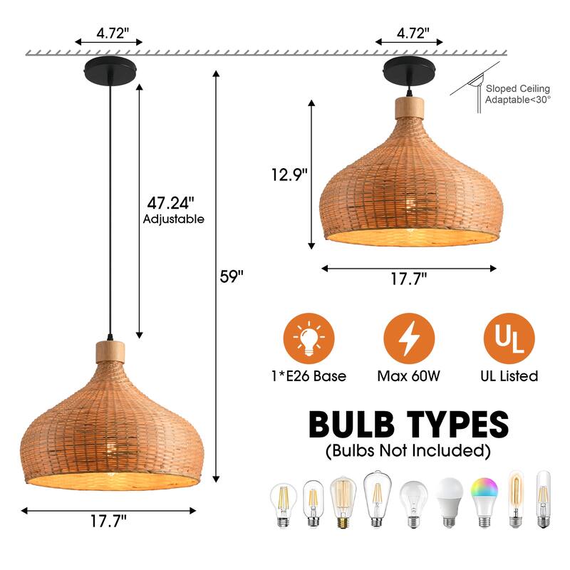 1-Light Retro Brown Handmade Bamboo Woven Dome Hanging Pendant Light - 17.7" W x 59" H