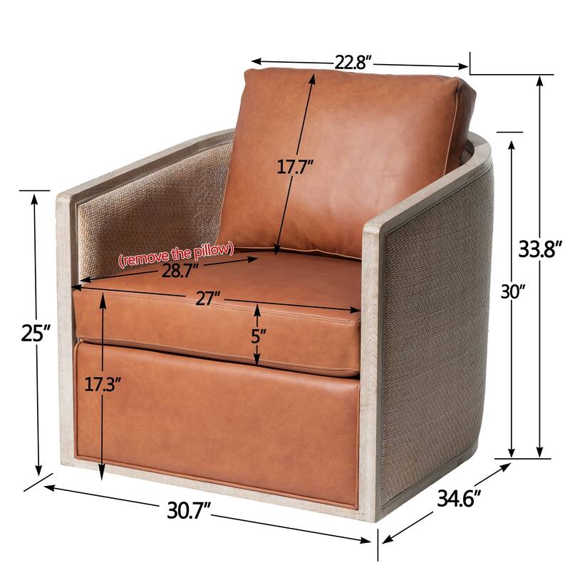 KINWELL 31"W Oak Frame Upholstered Swivel Barrel Armchair