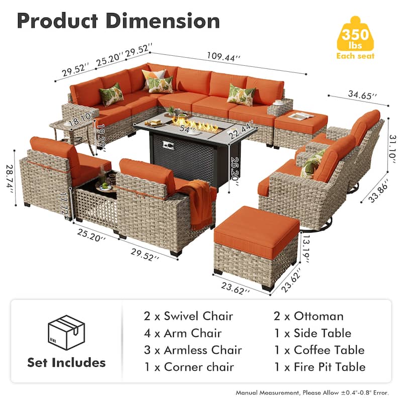 HOOOWOOO 15-piece Outdoor Sofa Patio Wicker Furniture Sectional Set with 54" Fire Pit Table