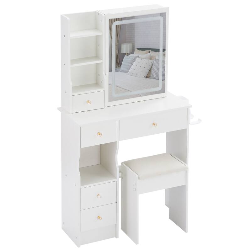 29.2"Small Size Left Drawer Desktop Vanity Table+Cushioned Stool,Hair dryer bracket,Extra Large Touch Control Sliding LED Mirror