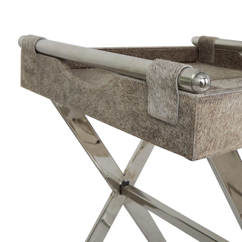 Gray Leather Tray Table Accent Table with Silver Legs and Handles