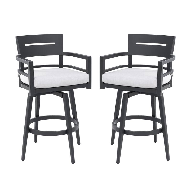 Black White Aluminum Outdoor Swivel Bar Chair with Cushion and Footrest Ser of 2 - 18.8" x 18.8" x 42.9" (L x W x H) - Black-White
