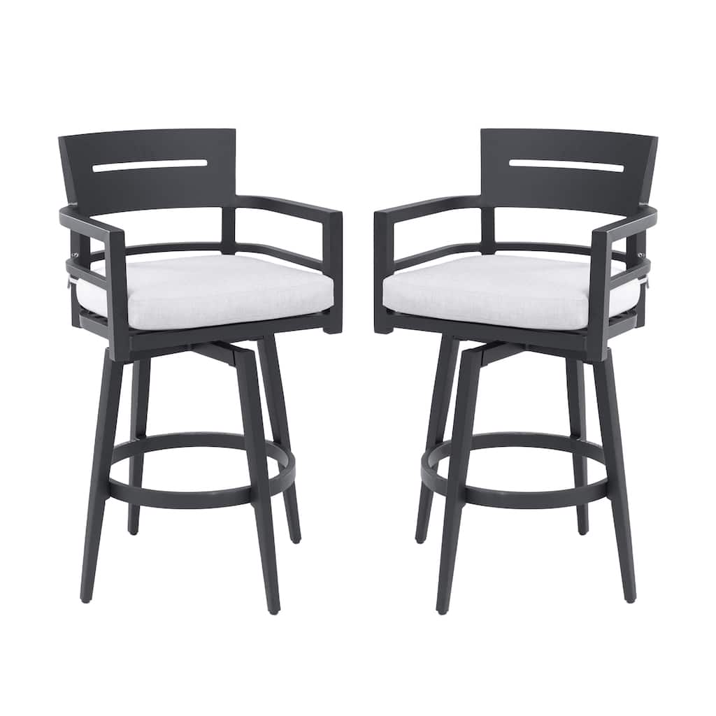 Black White Aluminum Outdoor Swivel Bar Chair with Cushion and Footrest Ser of 2 - 18.8" x 18.8" x 42.9" (L x W x H)
