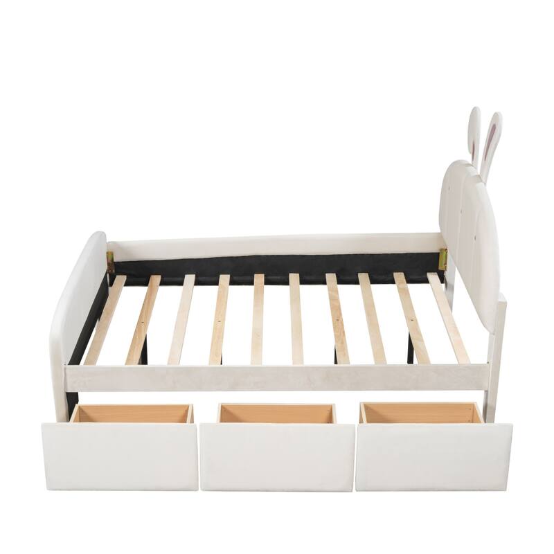 Velvet platform bed with stylized headboard