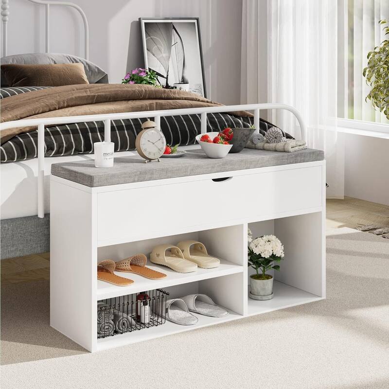 Shoe Storage Bench with a Cushioned Seat and 2 Tiers of Shelves