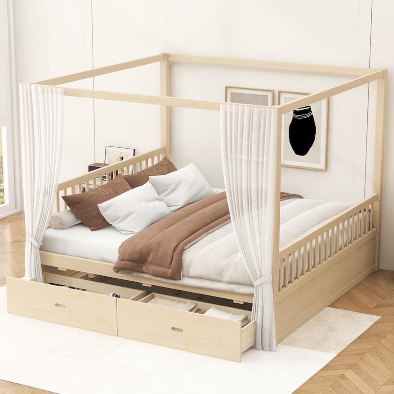 Wooden Canopy Bed Platform Bed with Storage Drawers and Slats Support