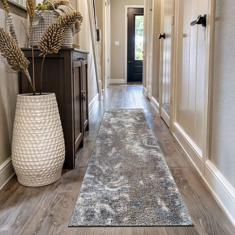 Abstract Marble Shag Rug - Anthracite Dark Gray - Plush Medium Pile, Durable with Jute Backing - Blue - 2' 3" x 12'