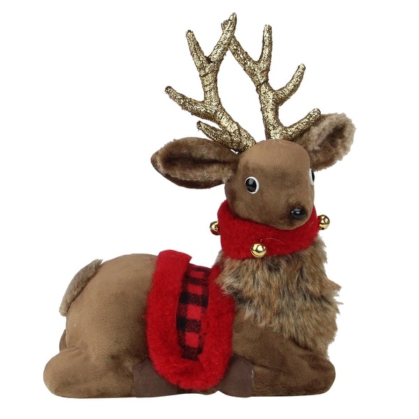 10.5" Sitting Reindeer with Buffalo Plaid Saddle Christmas Figure