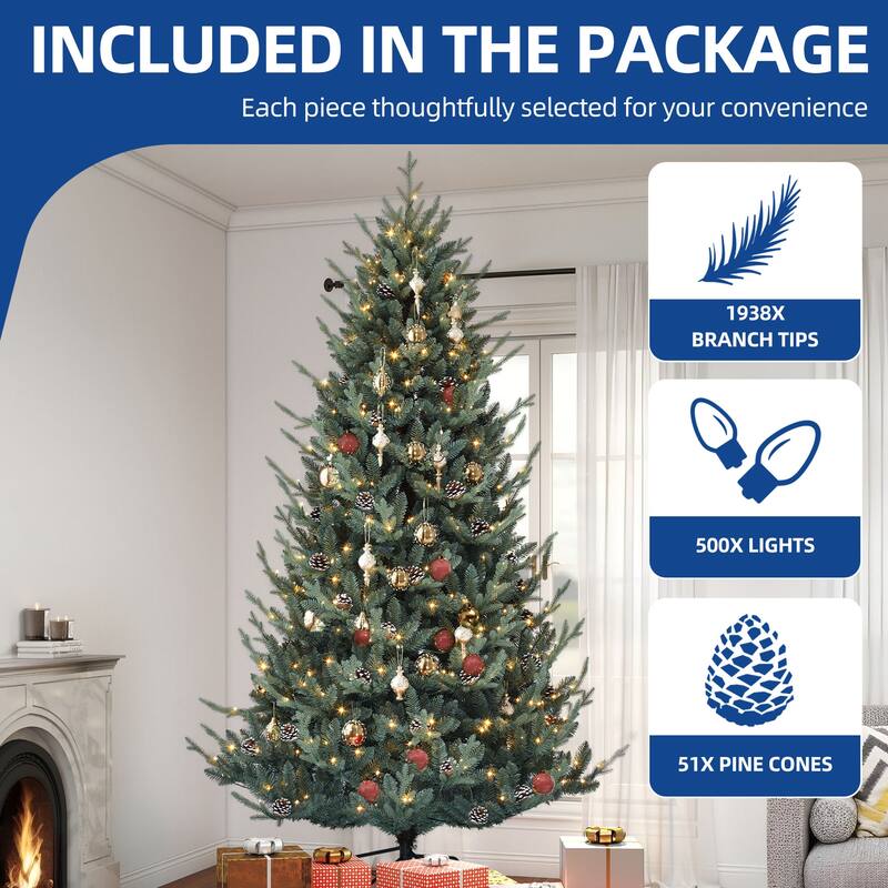 6/7.5FT Pre-Decorated Artificial Hinged Holiday Xmas Tree with 51 Pine Cones