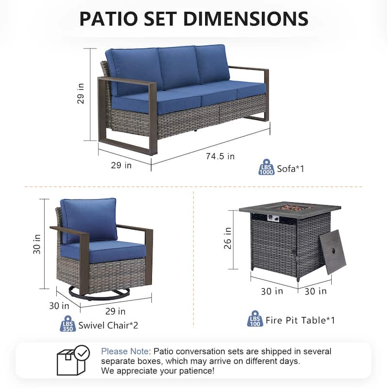 Pocassy Outdoor Fire Pit with 3-Seat Sofa Swivel Chairs Patio Furniture Set
